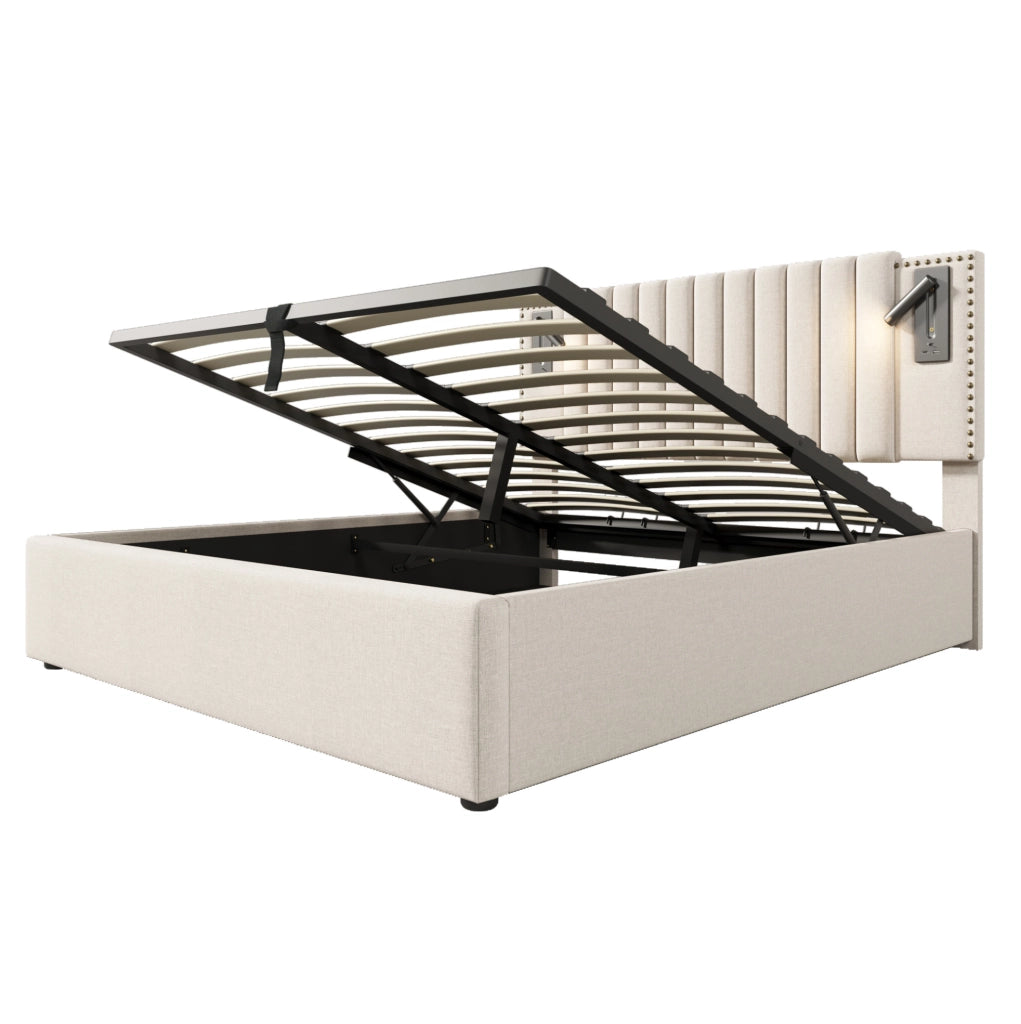 Letto matrimoniale contenitore 180x200 cm in cotone beige con testiera regolabile; luce lettura e porte USB