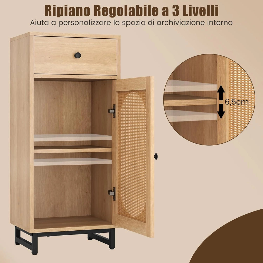 Mobiletto con Ripiano Regolabile su 3 Livelli, Armadietto con 1 Cassetto & 1 Anta in Rattan PE, Comodino Antiribaltamento con Piedini Regolabili, per Soggiorno & Salotto, 40 x 30 x 91 cm