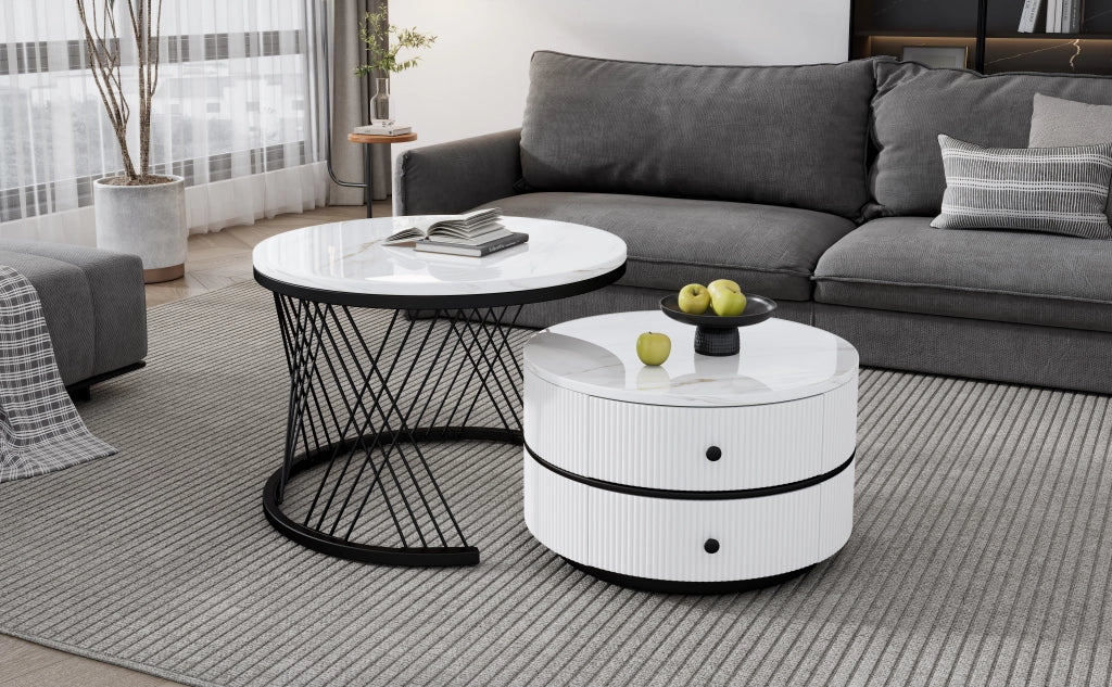 TAVOLINO da caffè set da 2 rotondi effetto marmo bianco MDF con 2 cassetti