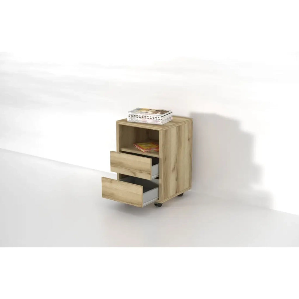 Cassettiera in quercia con ruote MELTO – 2 cassetti e 1 vano – Mobile contenitore in legno chiaro pratico