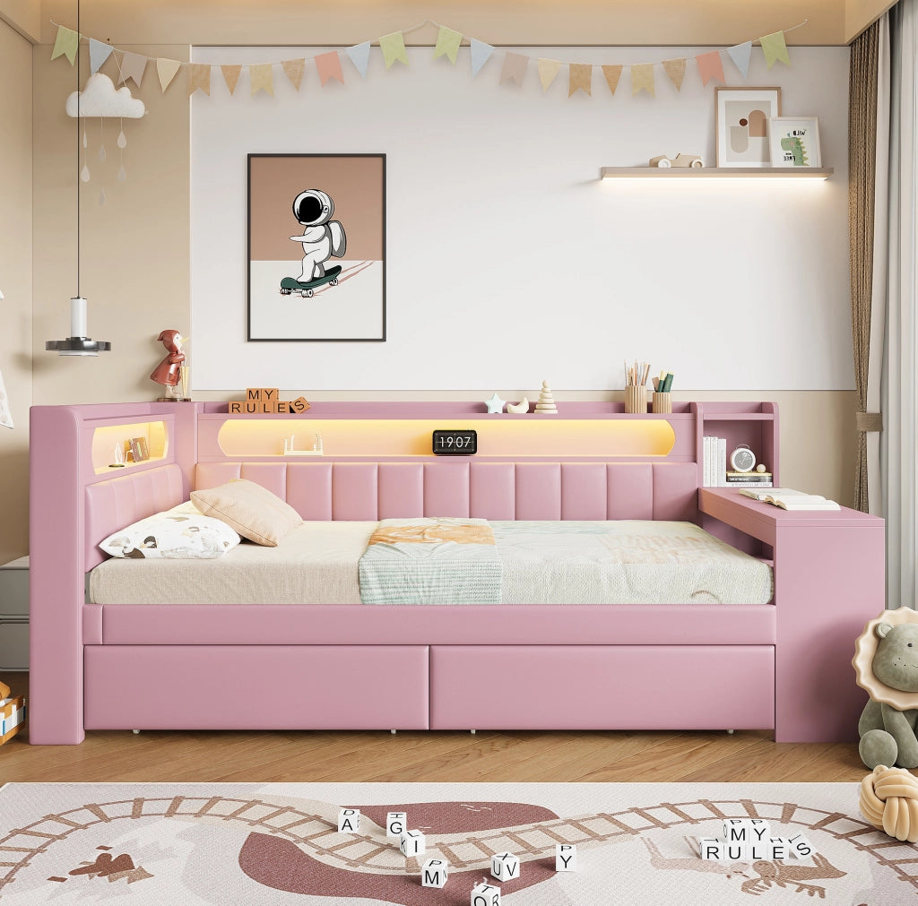 Daybed imbottito 90x200 cm rosa con USB, illuminazione LED, scrivania integrata e 2 cassetti