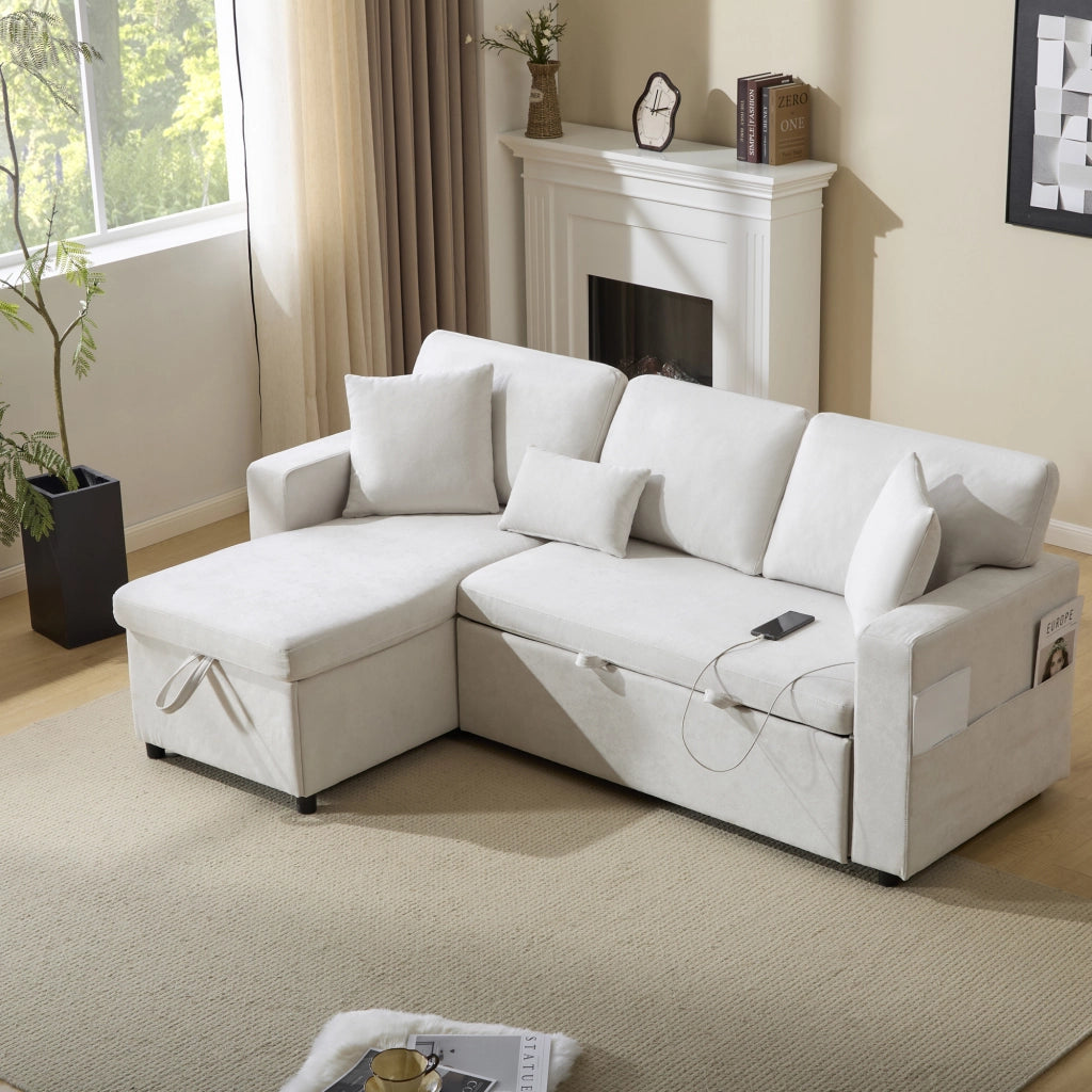 Divano letto angolare 3 posti con USB, contenitore e 3 cuscini, beige