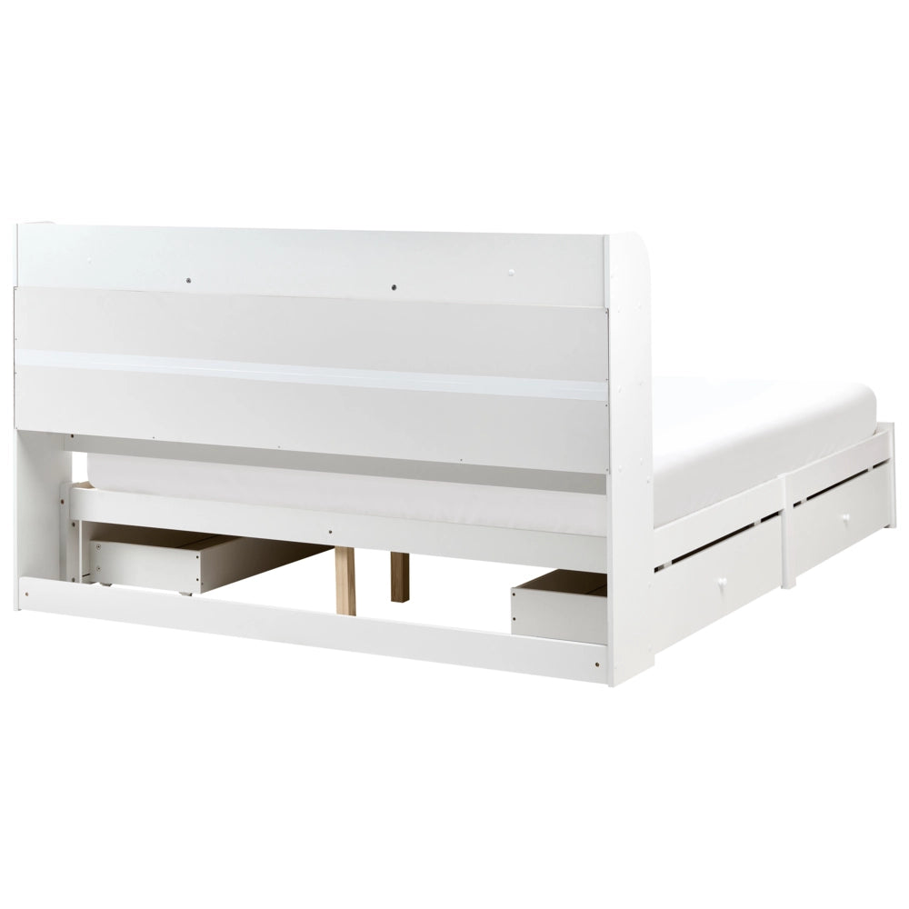 Letto matrimoniale in legno di pino MDF minimalista con contenitore 4 cassetti e ripiani testiera in bouclé bianco con rete 180 x 200 cm