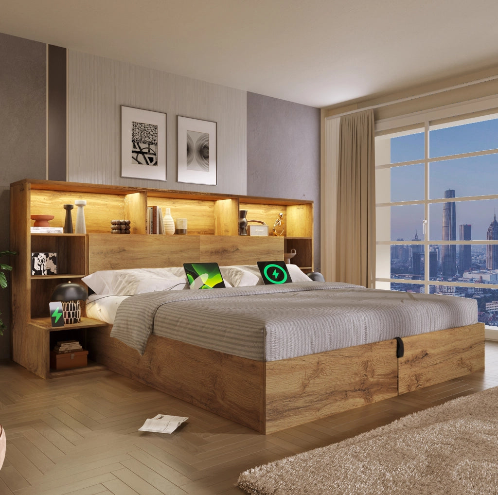 Letto contenitore con LED, prese USB e comodini integrati, 160x200 cm