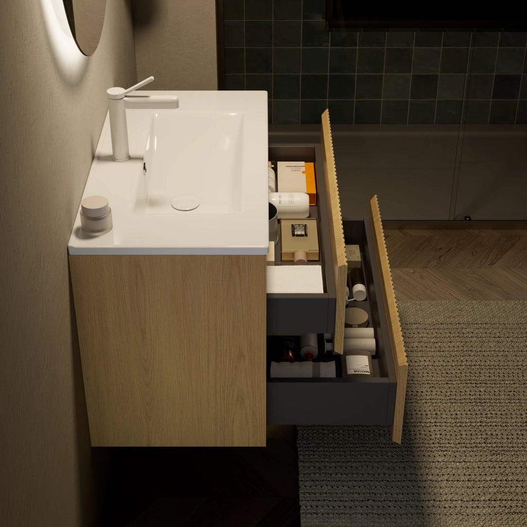 Mobile bagno sospeso con lavabo integrato in ceramica; 2 cassetti con chiusura ammortizzata; rovere e bianco