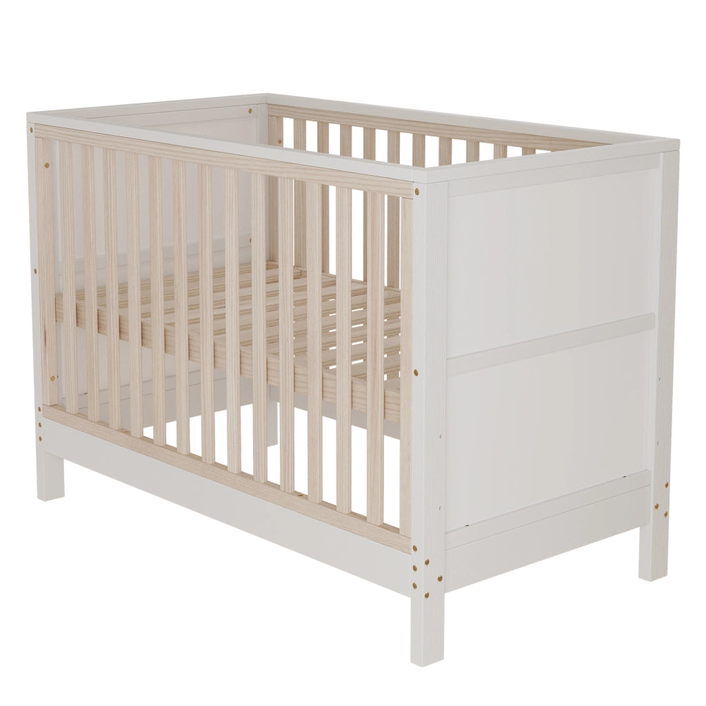 Set cameretta con lettino a sbarre e armadio scorrevole, legno massello e MDF, Natural/White