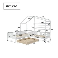 Letto per bambini con cassetti e scaffali, struttura a L, senza materasso, 90x200 cm+140x70 cm, Bianco