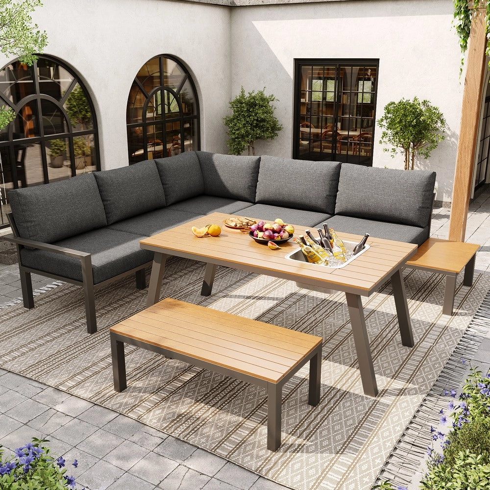 Set da giardino per 6-7 persone - Zephmum - Struttura in ferro zincato, tavolo con secchiello per ghiaccio