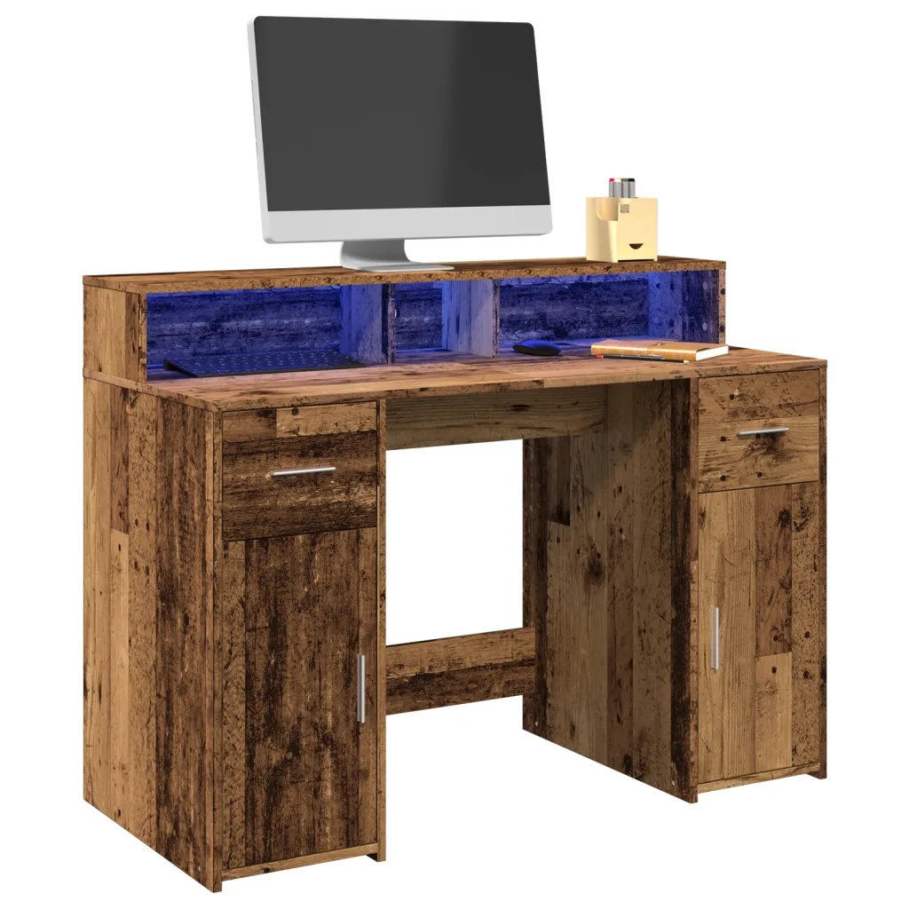 Scrivania | Tavolo da Ufficio con Luci LED Legno Antico 120x55x91 cm in Multistrato