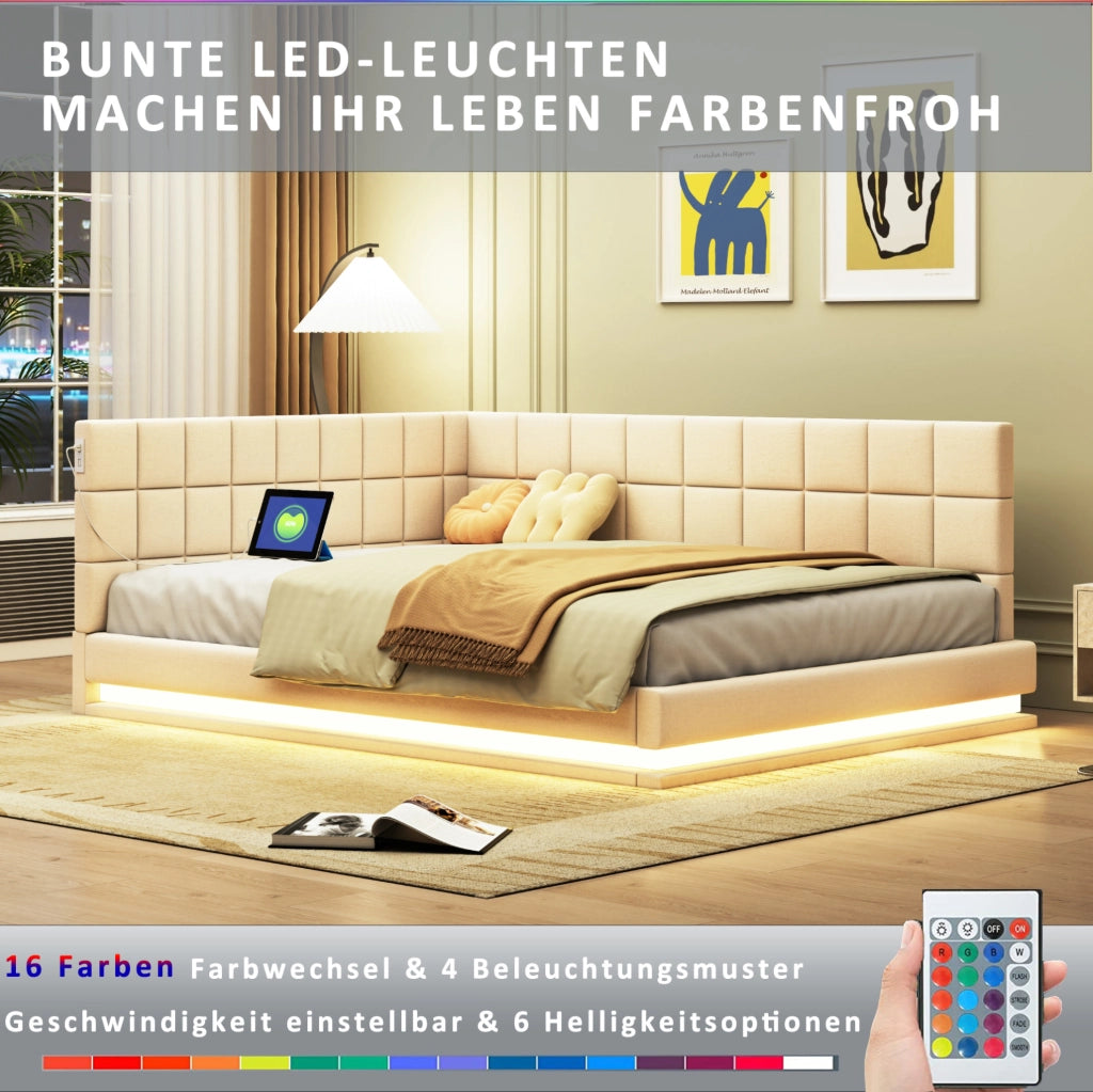 Divano letto imbottito 140x200 cm beige con LED e USB