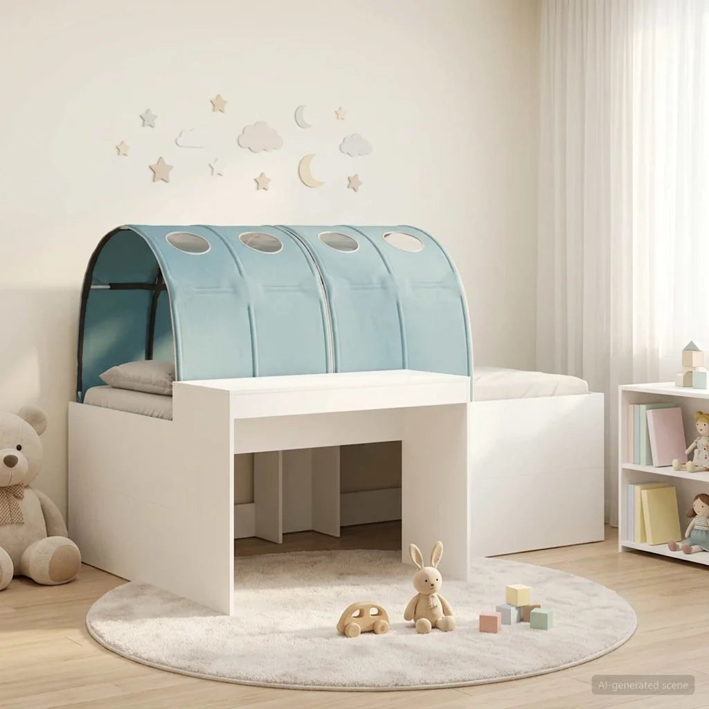 Letto con Tunnel 3 pcs Bianco e azzurro Legno multistrato