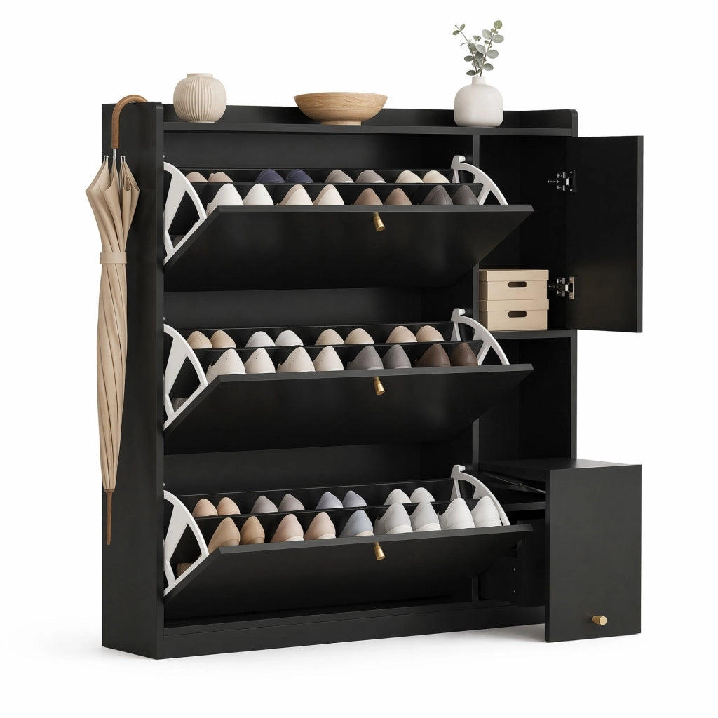 Scarpiera moderna con 3 ante a ribalta, cassetto e panca ribaltabile, colore nero, 119 x 24 x 122 cm