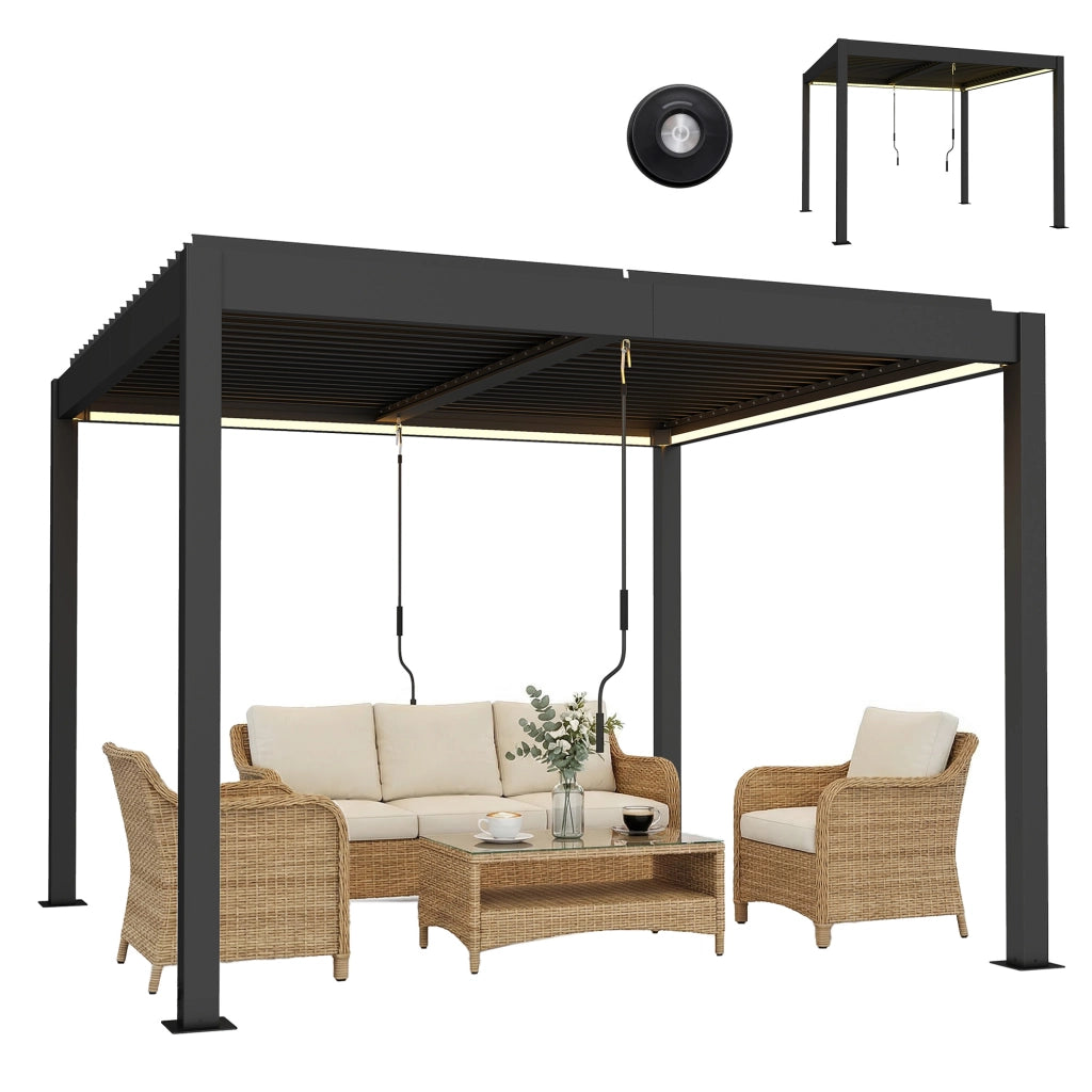 Pergola in alluminio 3x3 m con tetto a lamelle regolabile e illuminazione LED ¨C zephmum ¨C Grigio