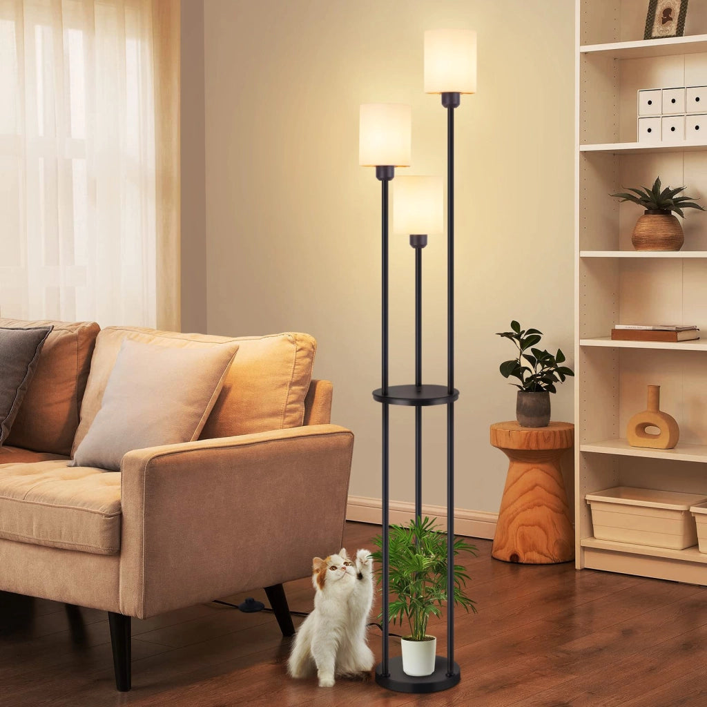 ZMH Lampada da terra nera bianca 3 fiamme E27 paralume tessuto vintage con ripiano 163cm