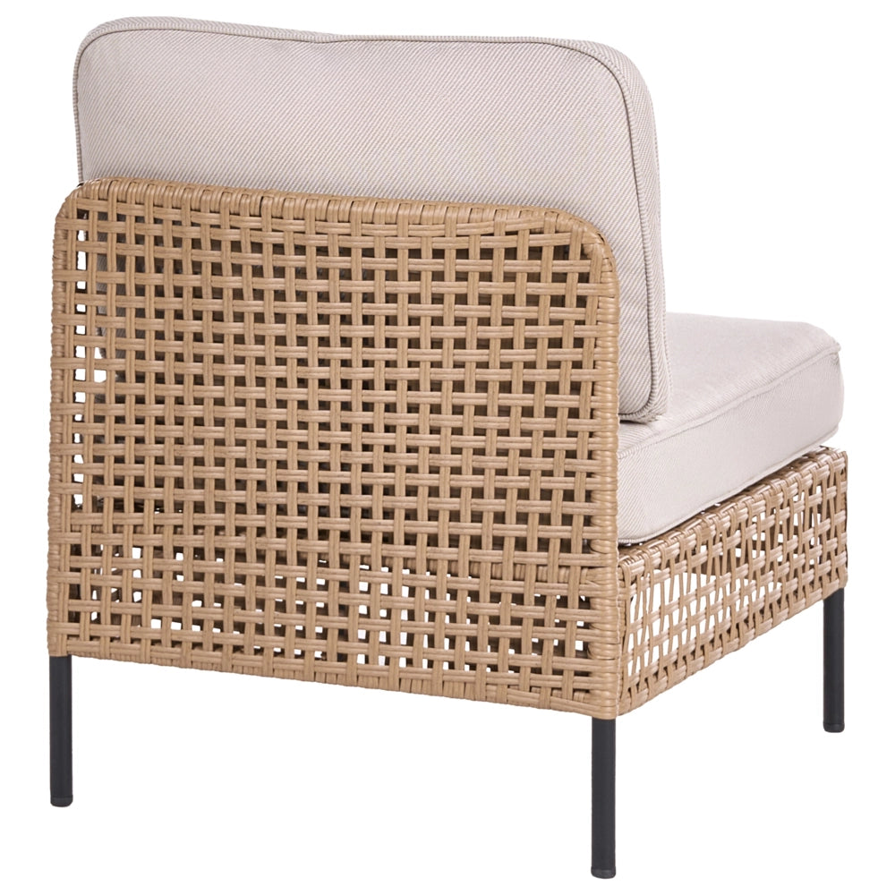 Set da giardino modulare in rattan PE beige chiaro a 6 posti con tavolino in vetro, struttura in metallo e cuscini, stile moderno