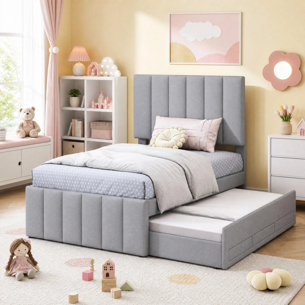 Letto imbottito grigio 90x200 cm con letto estraibile e 3 cassetti