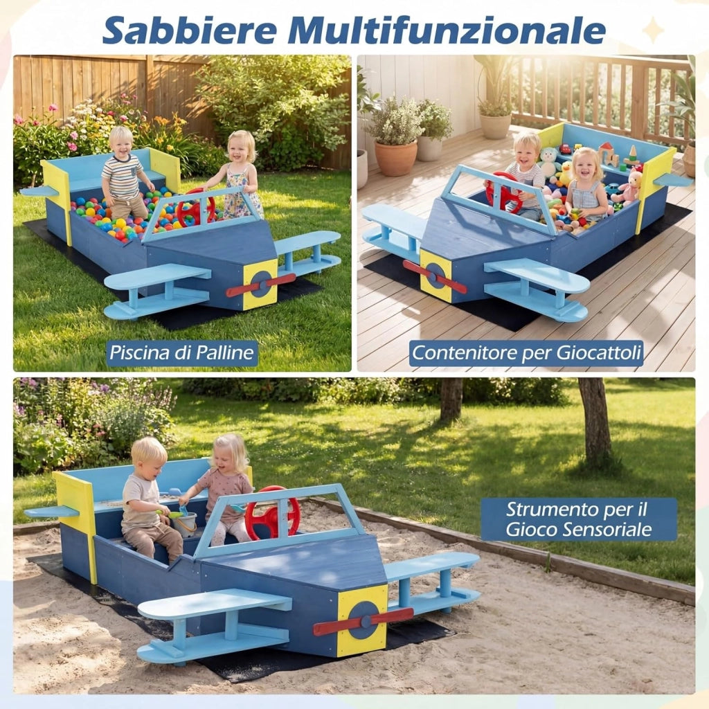 COSYWAY Sabbiera per Bambini in Legno, Gioco da Spiaggia a Forma di Aliante con Panca, Elica, Timone e Alette, Sabbiera da Esterno con Fodera Inferiore per Spiaggia e Cortile, 18 Mesi+, 180x100x50 cm