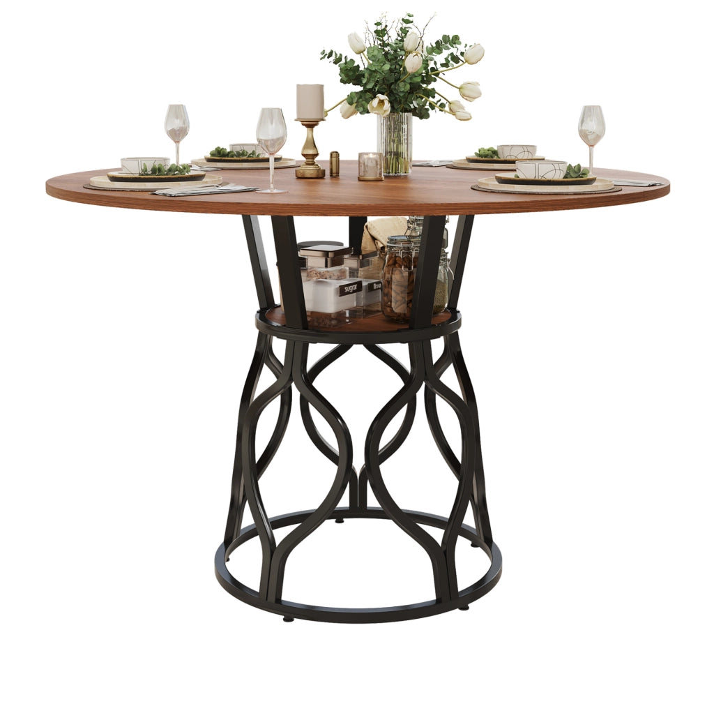 Tavolo da pranzo rotondo 100 x 100 x 75 cm in MDF effetto noce e metallo nero; con ripiano