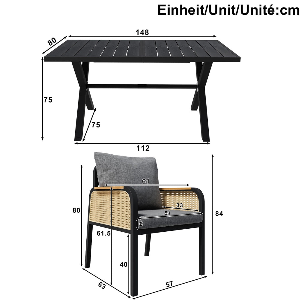 Set da pranzo da giardino per 6 persone con tavolo 148x80x75 cm e sedie in nero e naturale