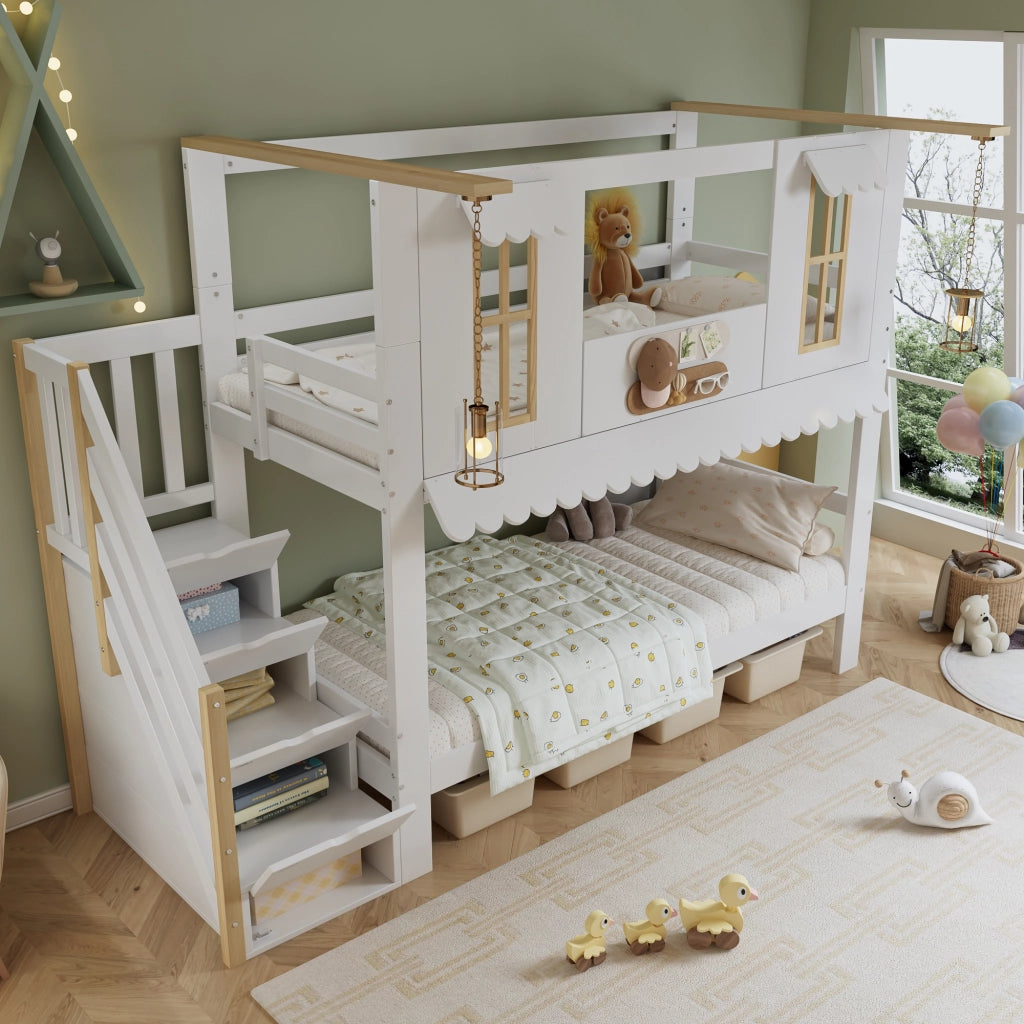 Letto a Castello 90x200 cm; con Scala Contenitore; Finestre e Tetto - Bianco Naturale