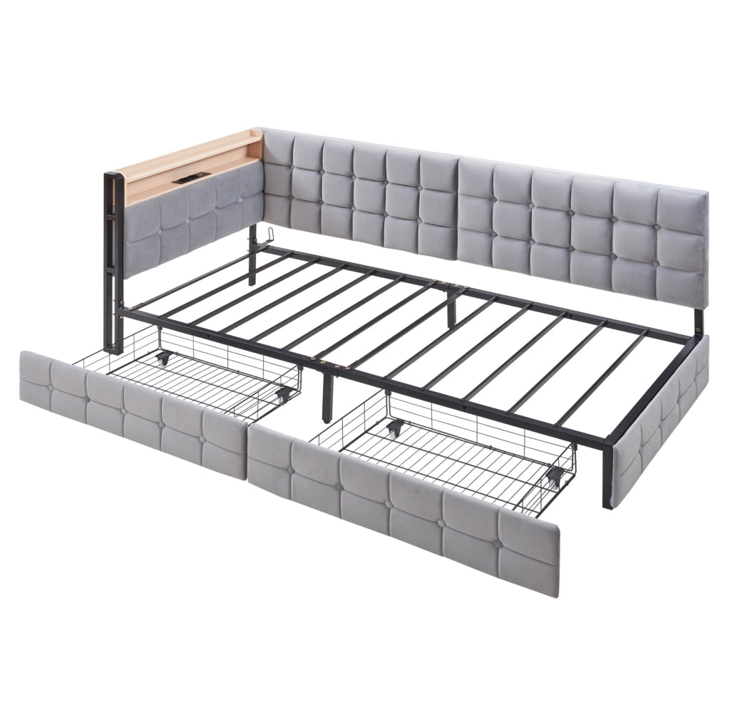 Divano letto 90x200 cm con LED e 2 cassetti in tessuto grigio