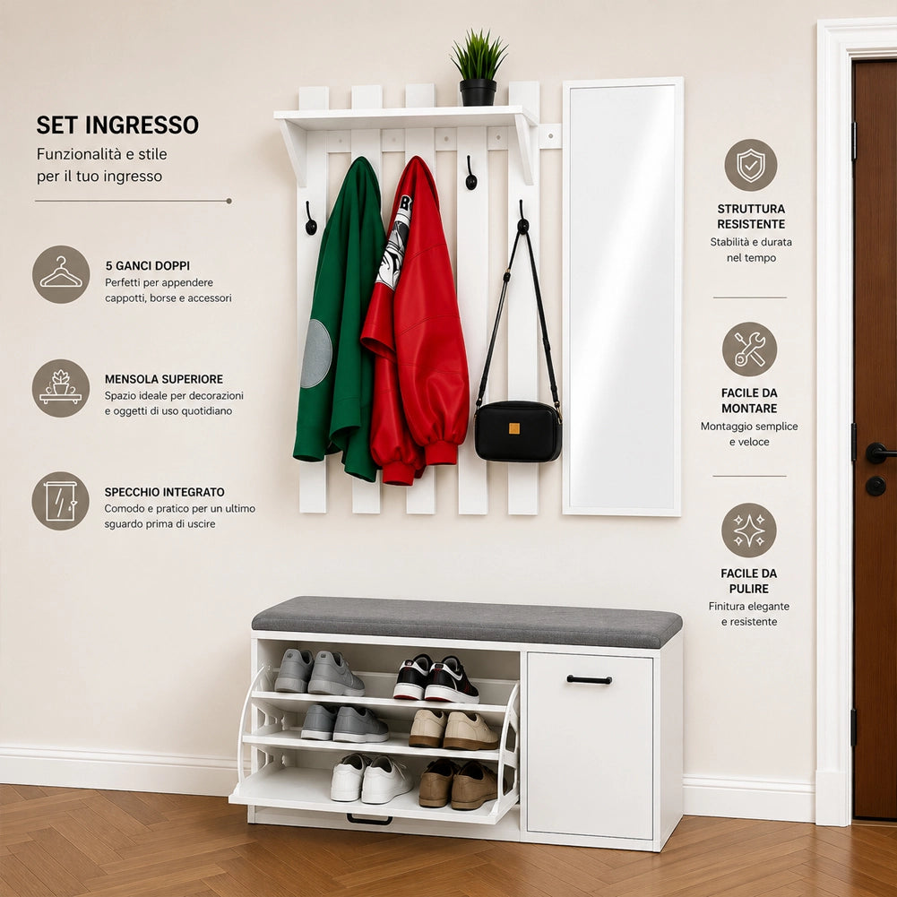 Set Ingresso con Scarpiera e Appendiabiti con Specchio Attaccapanni Bianco