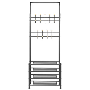 Stand Appendiabiti da Ingresso 9 Ganci con Scarpiera a 4 Ripiani in Metallo Nero