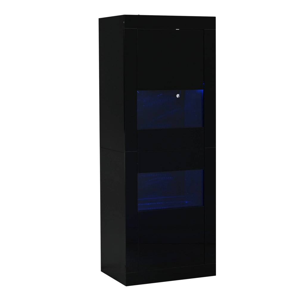 Vetrina con 2 ante; 3 ripiani e 4 vani con LED e ripiani in vetro per soggiorno; 61×42×162 cm; nera