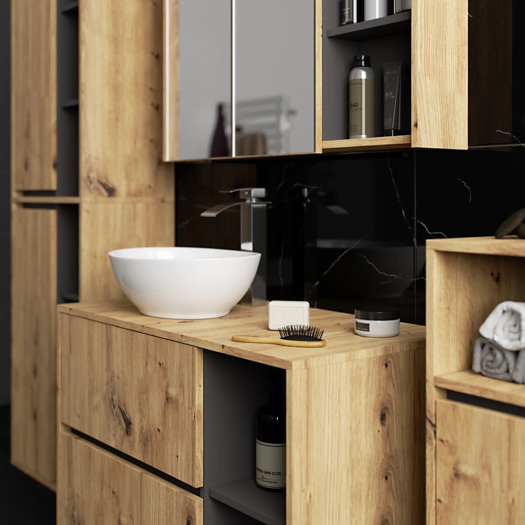 Set di mobili da bagno sospesi VAMI in Rovere Artisan con interno Grigio Grafite con fori per lavabo da appoggio