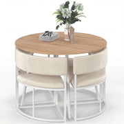 IDMarket - Set composto da tavolo e 4 sedie incastrabili MILENE in metallo bianco, con piano effetto faggio e rivestimento in velluto beige