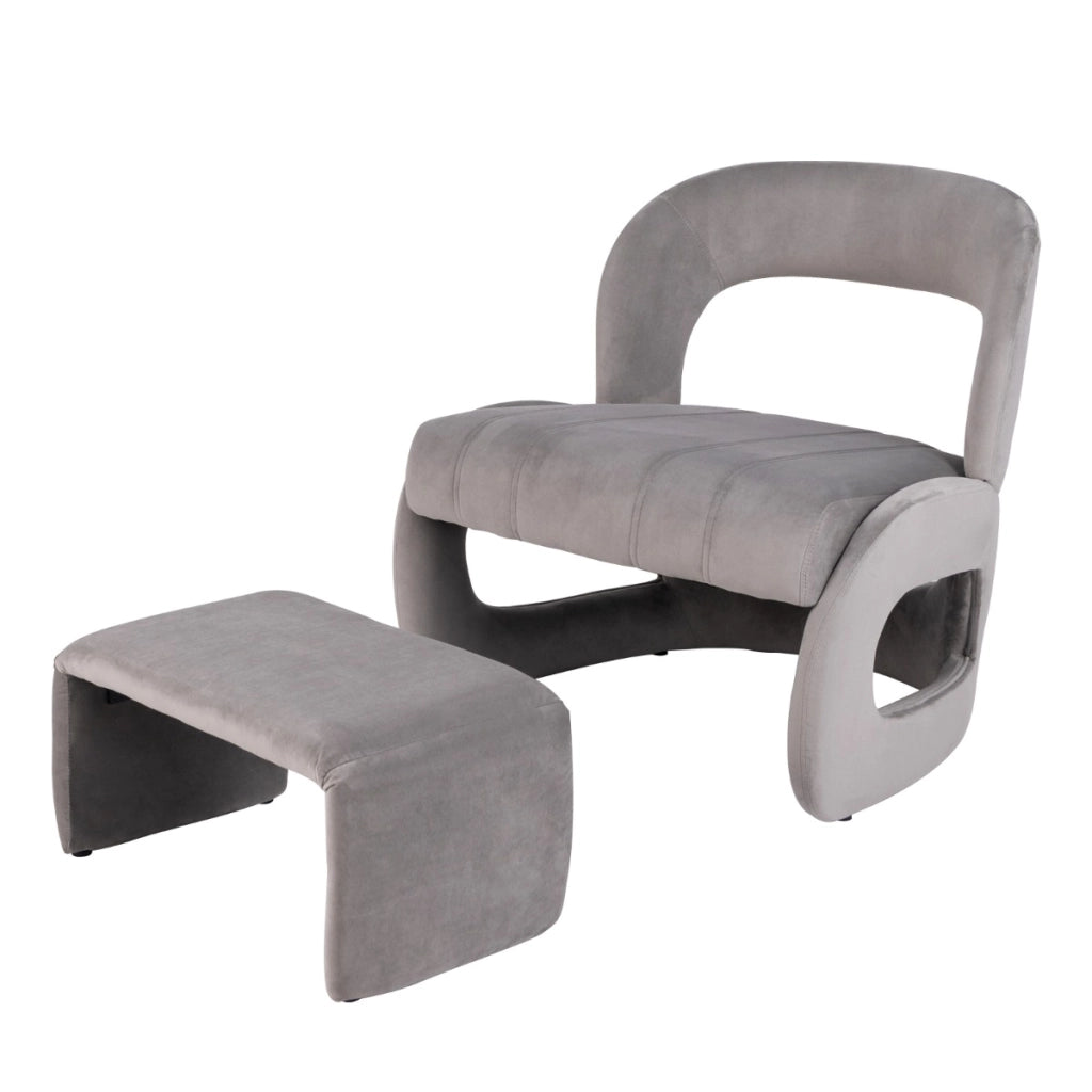 Poltrona con pouf schienale curvo aperto e seduta imbottita in spugna, Set di poltrona e pouf rivestiti in velluto Grigio-Sedie e poltrone