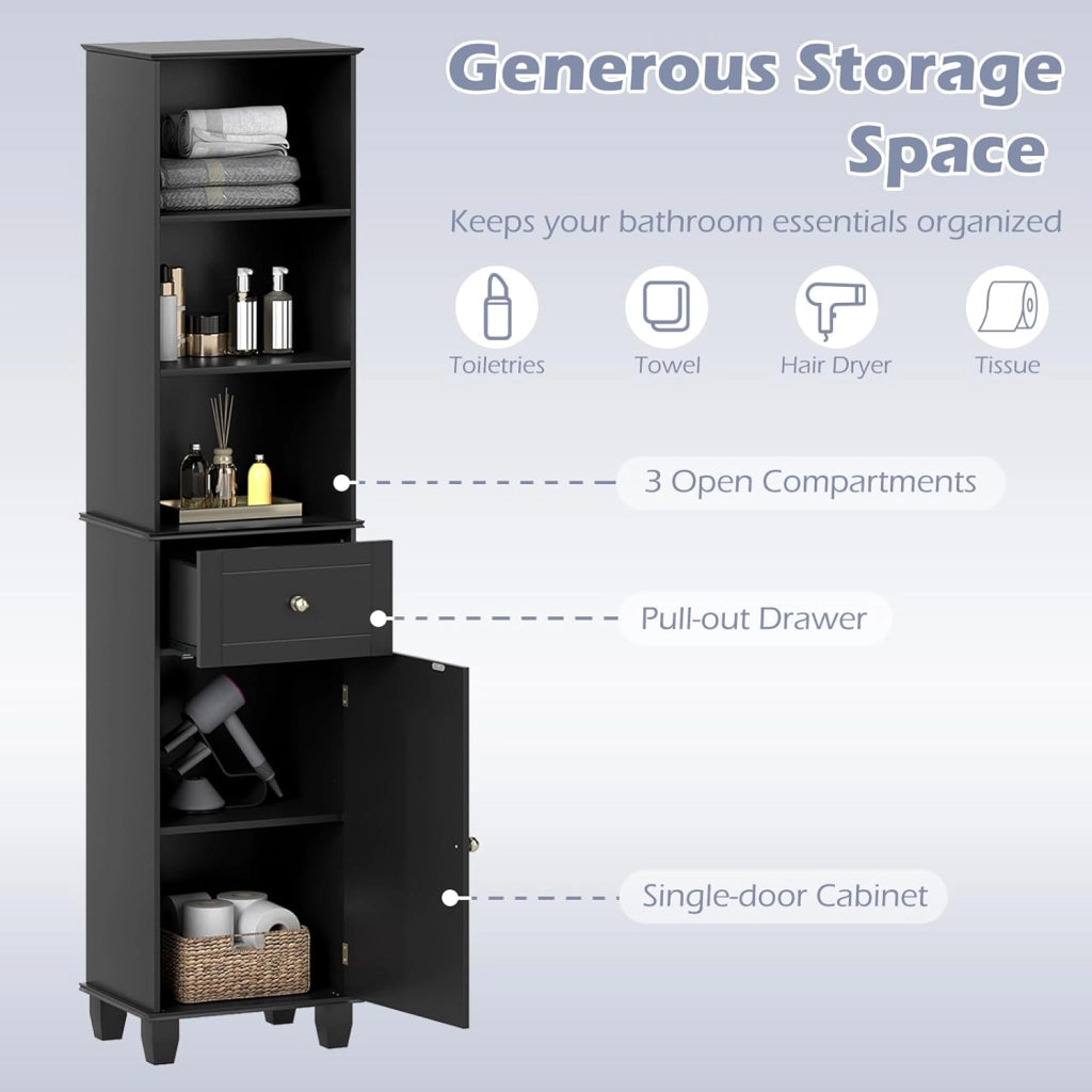 Mobile da bagno alto 172 cm, colonna bagno con 3 ripiani aperti, 1 cassetto, 1 anta e ripiano regolabile, salvaspazio, mobile portaoggetti per cucina, soggiorno (nero)