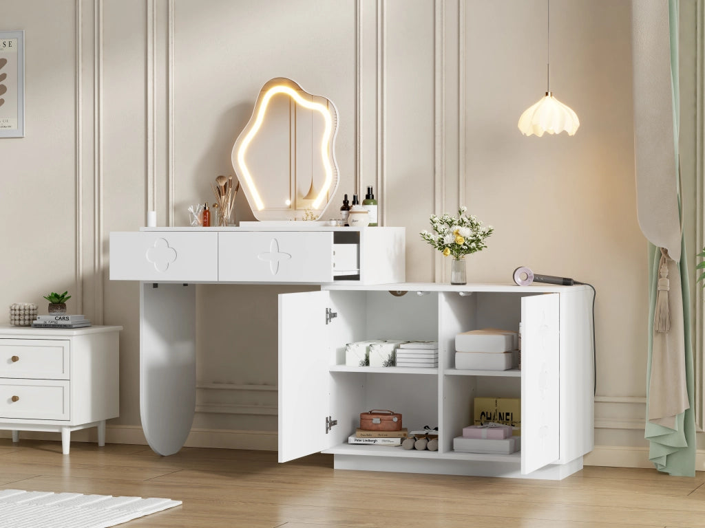 Tavolo da toeletta con specchio LED; temperatura luce regolabile 3 livelli; 2 cassetti e mobiletto con 4 scomparti; Bianco; 160×40×132cm