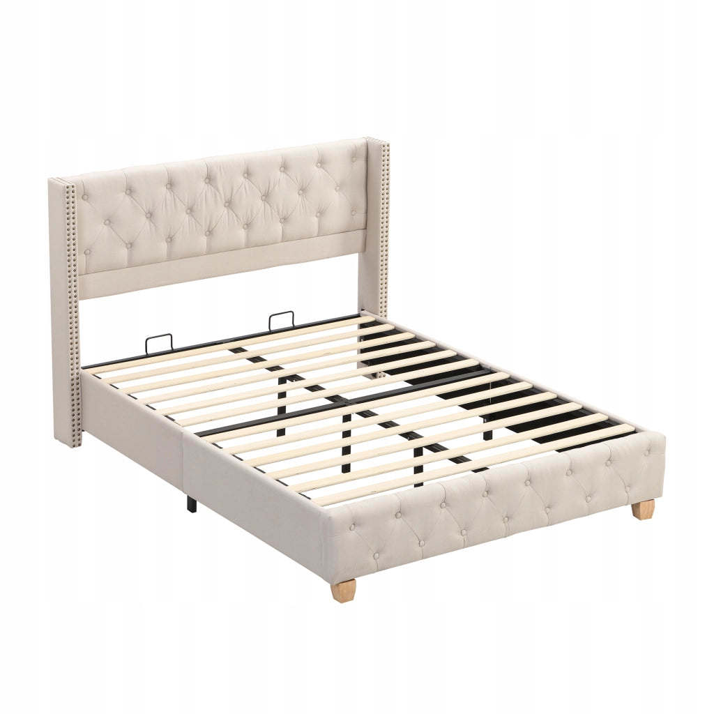 Letto imbottito 140x190 - Xylo - Beige, struttura in legno
