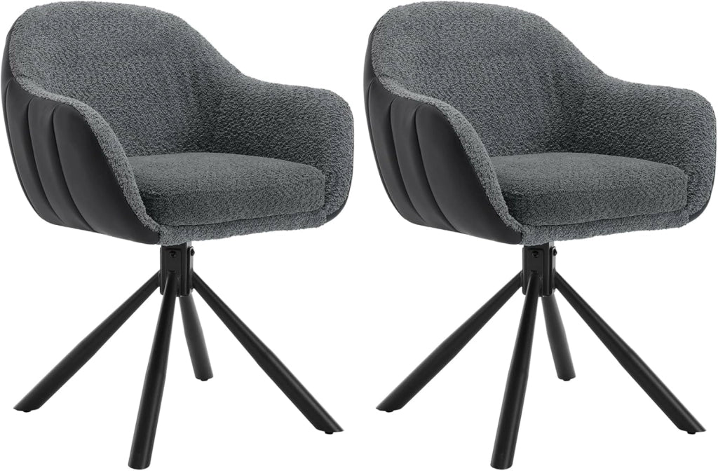 Set 2 Sedie Sala da Pranzo, Sedia Cucina con Braccioli e Schienale, Poltroncina Girevole, per Salotto, Camera da Letto, Gambe in Metallo, Ciniglia+Ecopelle, Grigio Scuro+Antracite, EZS04dgr-2