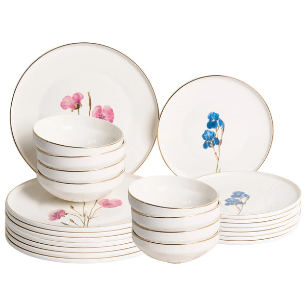 Set da 24 stoviglie in porcellana bianca smaltata con motivo floreale multicolore: ciotole e piatti per cucina e sala da pranzo