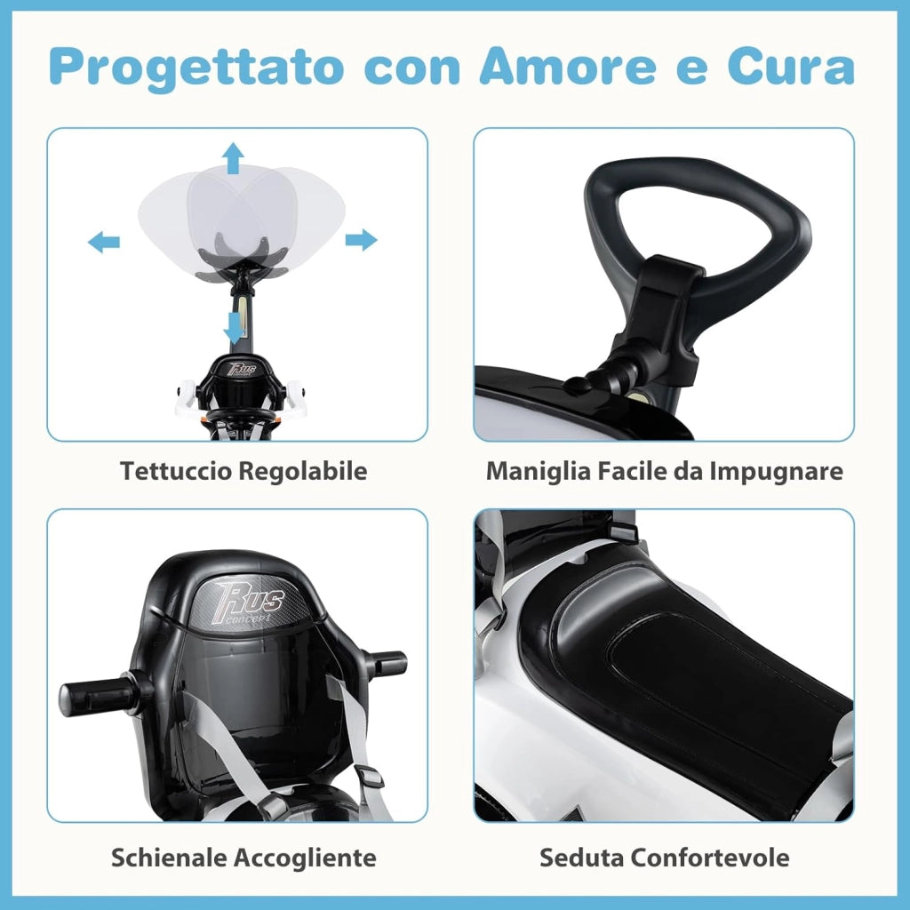 3 in 1 Auto a Spinta, Macchinina da Passeggio con Clacson, Musica, Luci, Cintura di Sicurezza, Tettuccio e Manico, Macchina Cavalcabile per Bambini 1+ Anni (Bianco)