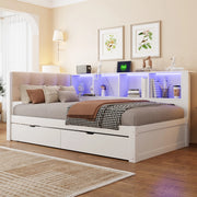 Letto singolo 90 × 200 cm con 2 cassetti, ripiani laterali, LED dimmerabile e USB, senza materasso, bianco