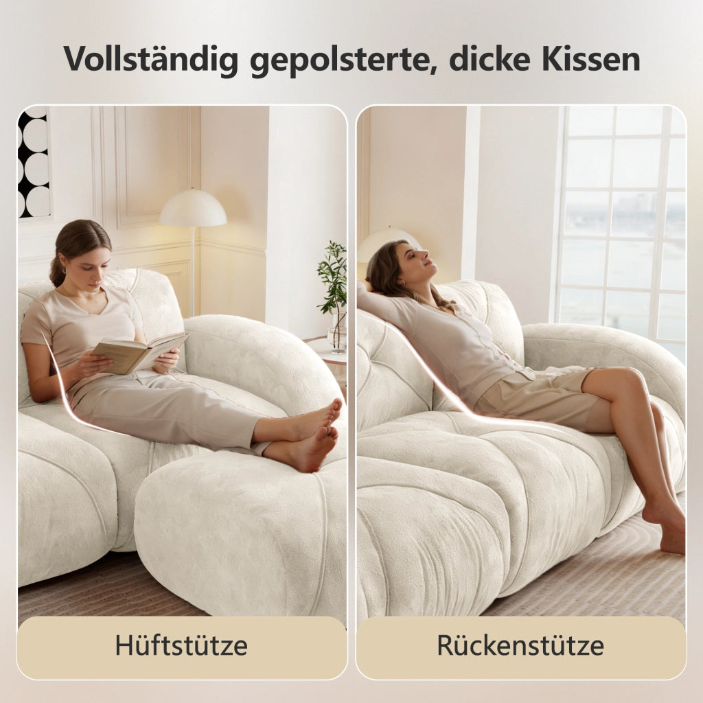 Divano panoramico a U modulare 3 posti senza telaio con 2 pouf in ciniglia beige chiaro 281 × 171 × 76 cm