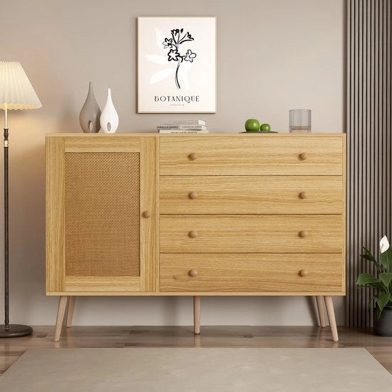 Cassettone di Stoccaggio, Colore Naturale, 120 cm Mobile di Legno con 4 Cassetti e 1 Porta
