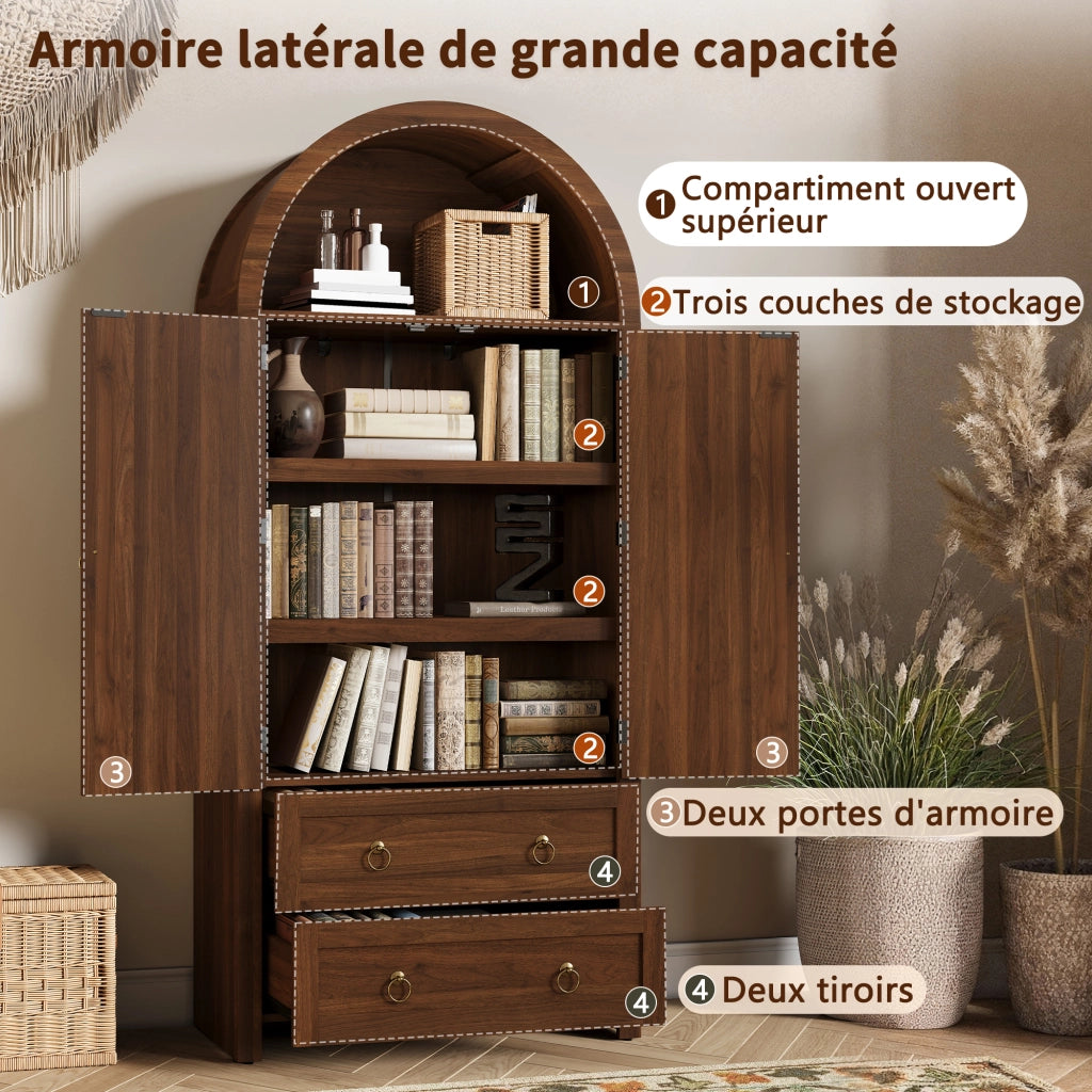 Credenza con 2 Cassetti e Ante in Rattan; Ripiani Regolabili; Stile Vintage; in MDF; 80??40??180 cm; Noce