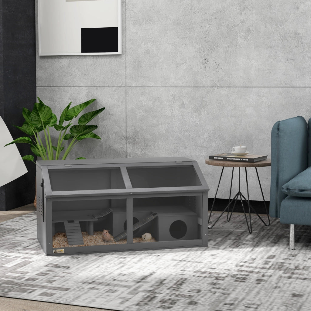 Gabbia per criceti in legno ¨C Xylo ¨C con ponte sospeso, scale, casetta, 84x45x44 cm, grigio