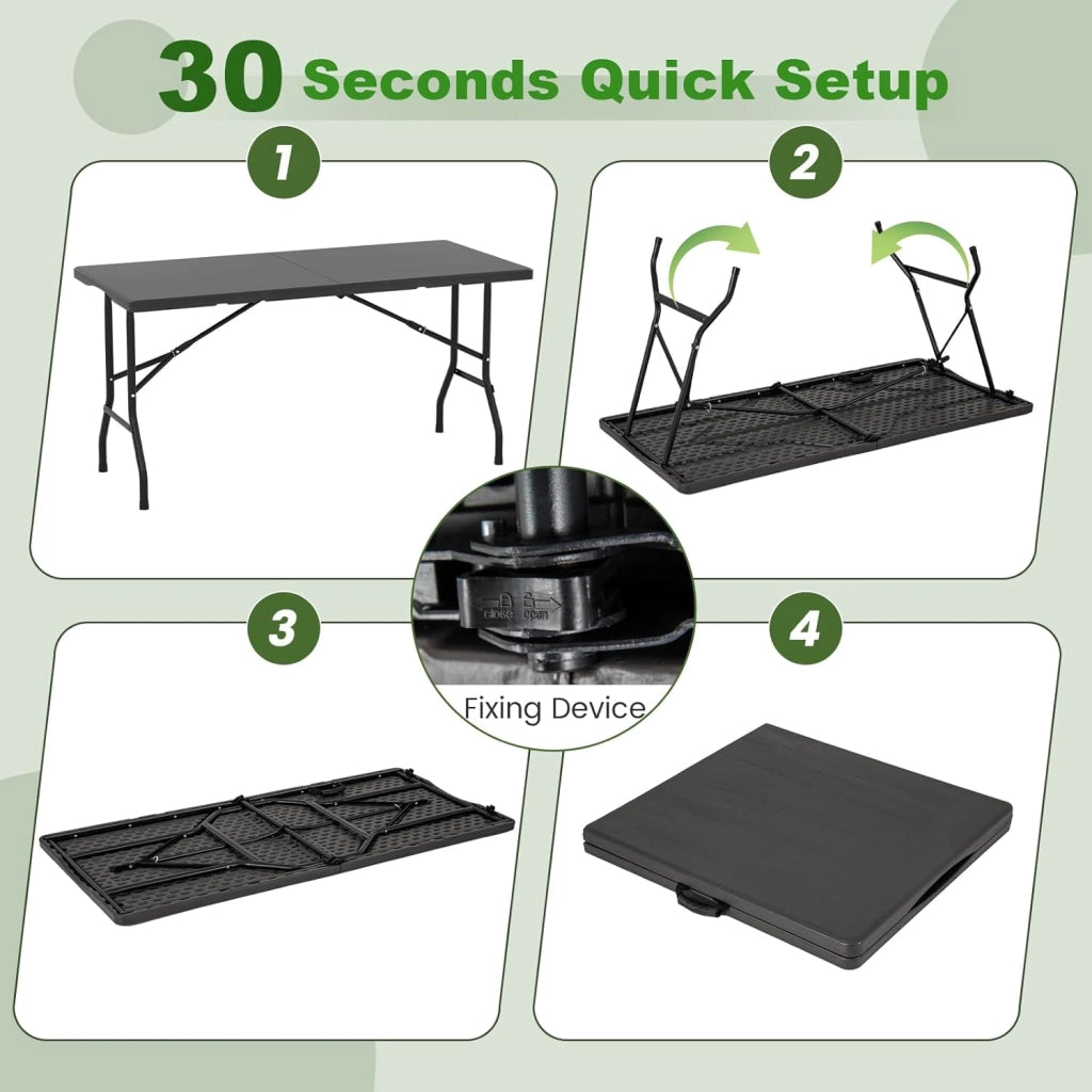 Tavolo pieghevole da campeggio, tavolo portatile in HDPE con telaio in metallo, tavoli da picnic con carico di 180 kg, maniglia di trasporto, per spiaggia, feste, barbecue, 152 x 70 x 74 cm