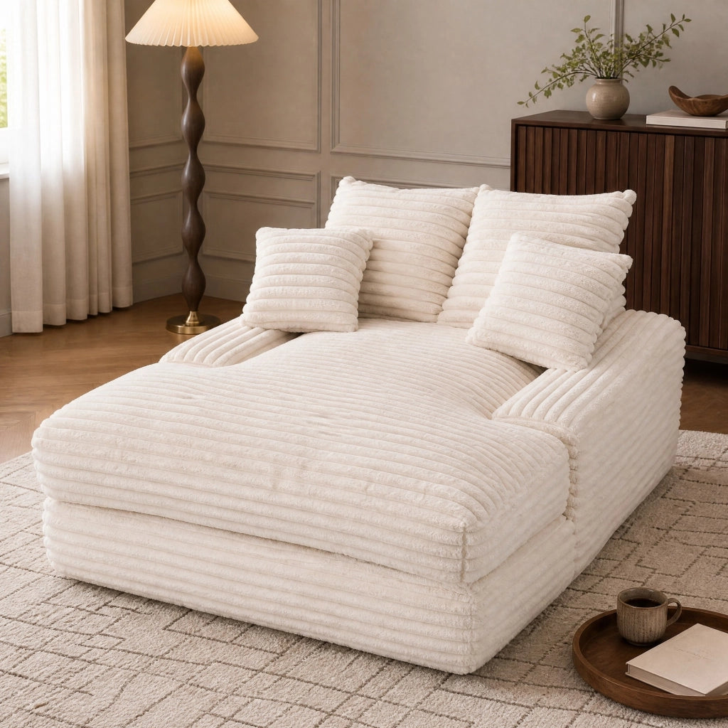 Chaise longue in tessuto corduroy, 137×175×63 cm, imbottitura in memory foam, 4 cuscini, beige