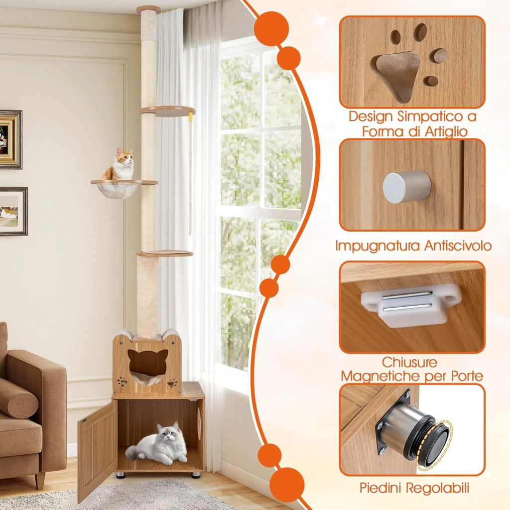 Albero per Gatti Alto 256-275 cm, Tiragraffi per Gatti con Lettiera, Capsula Spaziale, Condominio, Pali Graffiatori in Sisal e Piattaforme per Salto, Mobile per Gattini da Interno