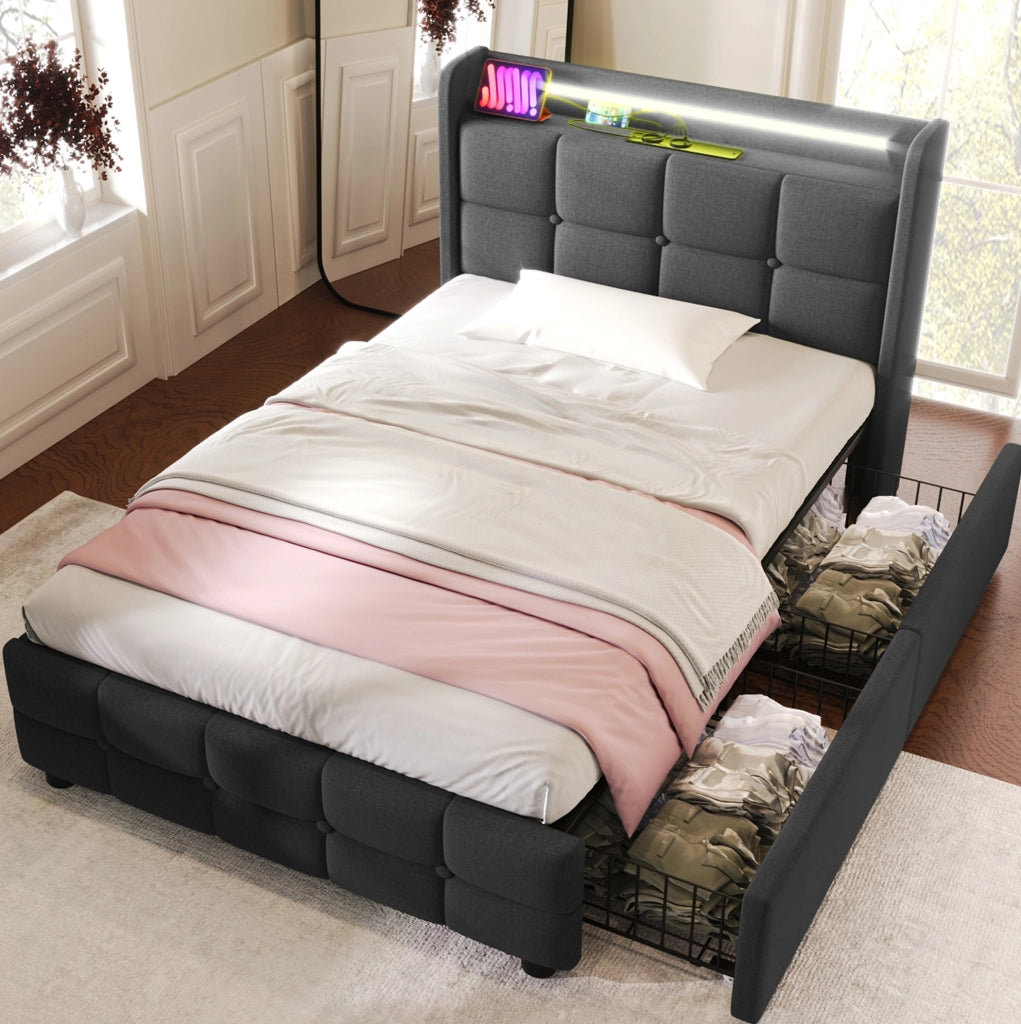 Letto singolo 90x200 con LED, USB, prese e 2 cassetti grigio