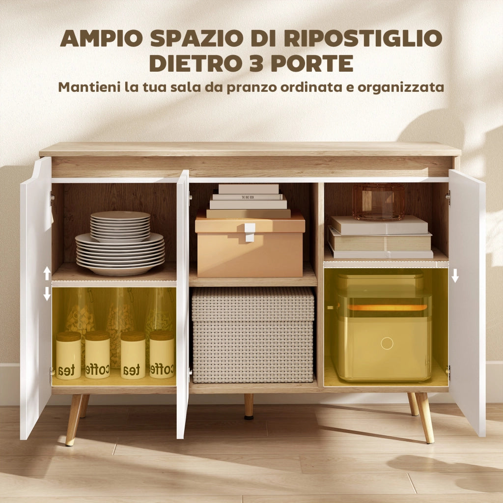 Credenza Moderna 107x35x76,5 cm a 3 Ante con 3 Ripiani Regolabili e 5 Gambe in Legno Bianco e Rovere