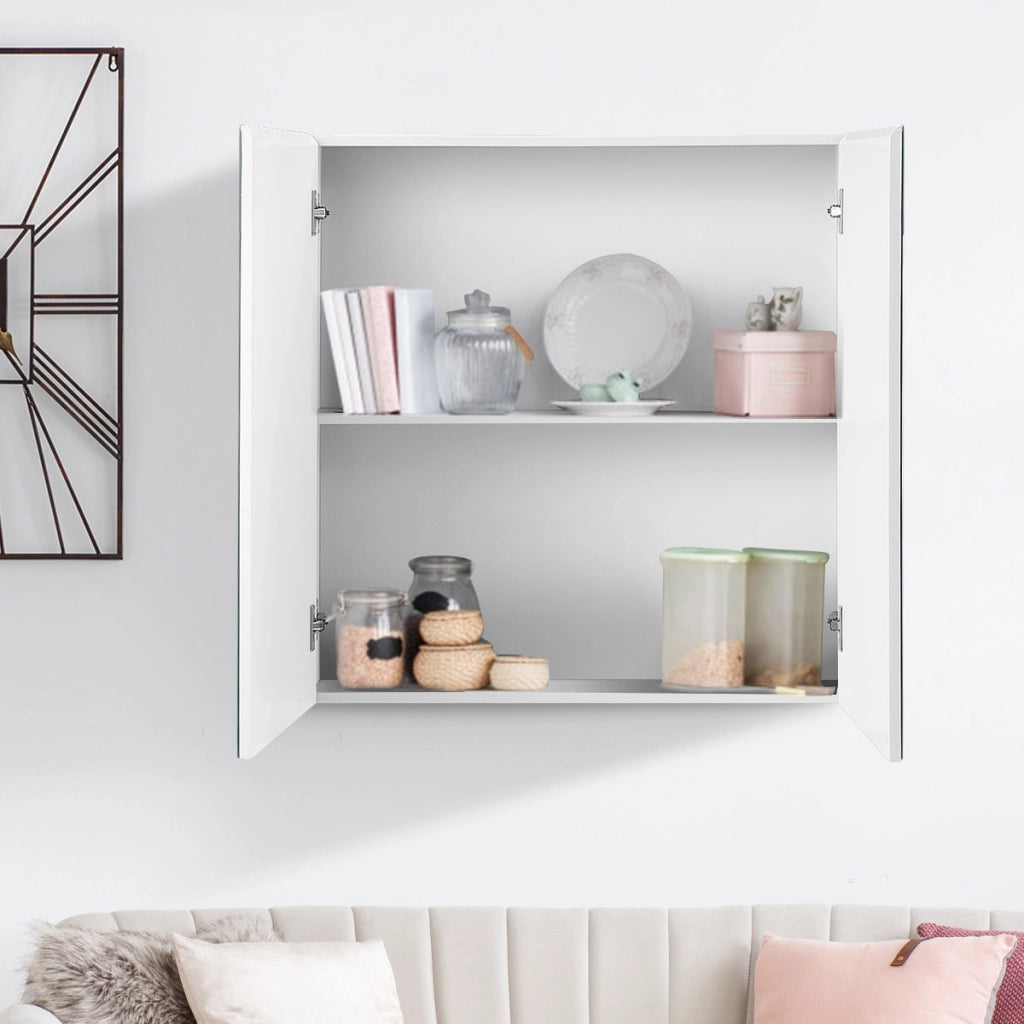 Armadietto da bagno a 2 ripiani con specchio, Armadietto da parete 62x11x65cm Bianco
