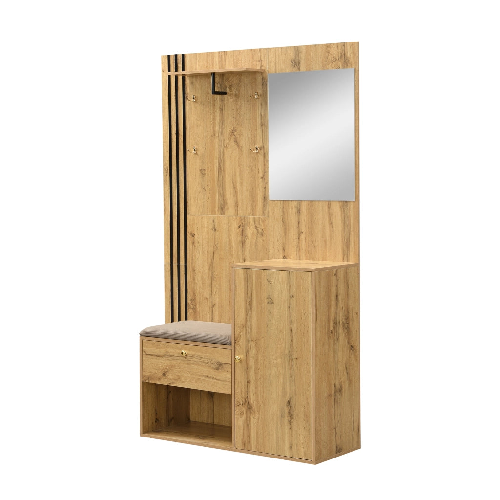 Guardaroba da ingresso compatto con specchio, panca imbottita e portascarpe, struttura in MDF, colore naturale e nero, 115 x 37 x 185 cm