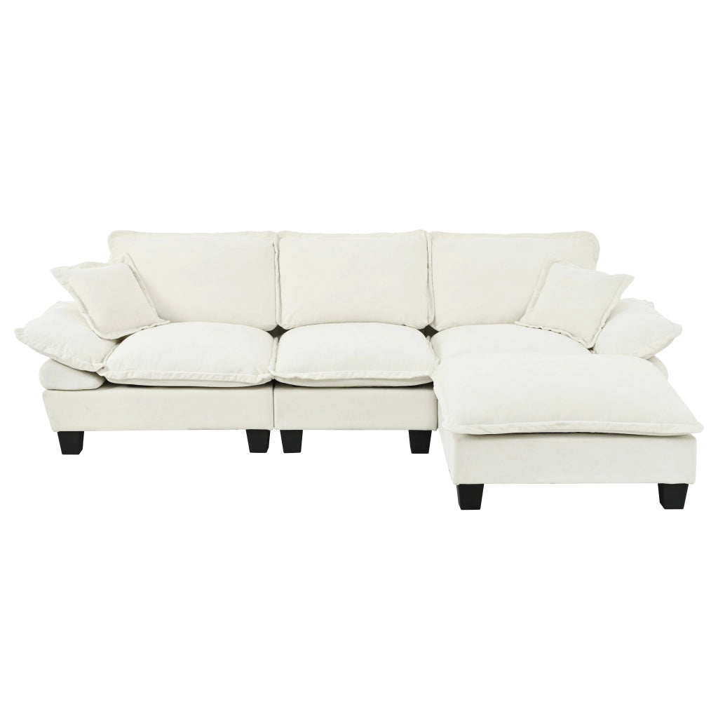 Divano angolare modulare con pouf mobile e 2 cuscini in ciniglia beige 263×151×90 cm